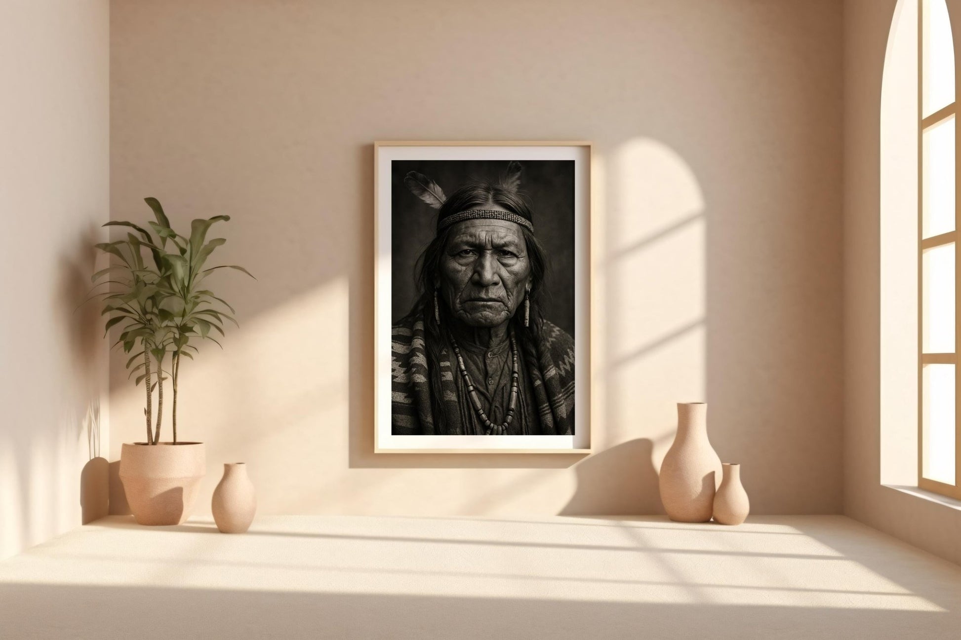 Native American Portrait – Powerful Black & White Photo Print with Cultural Detail and Tribal Strength, Heritage Wall Art, Free Shipping - Just Great Posters