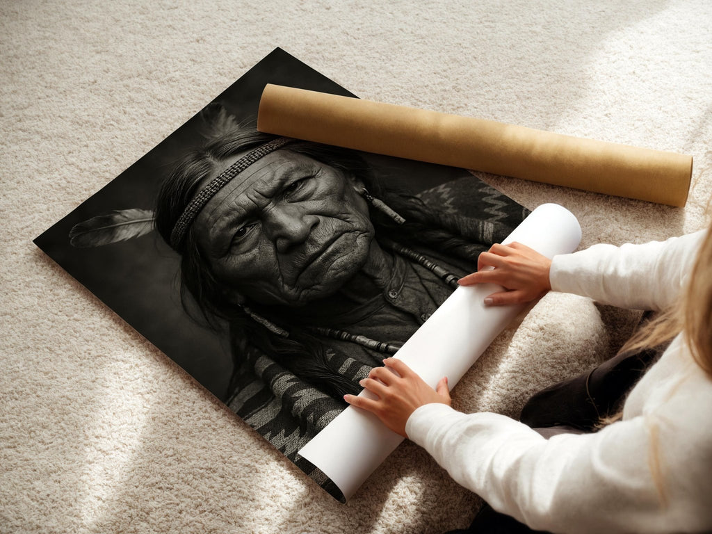 Native American Portrait – Powerful Black & White Photo Print with Cultural Detail and Tribal Strength, Heritage Wall Art, Free Shipping - Just Great Posters