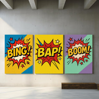 Comic Pop Art Poster Set – BING BAP BOOM Triptych Wall Art in Bright Retro Style, Bold Comic Book Decor for Game Rooms, Free Shipping - Just Great Posters