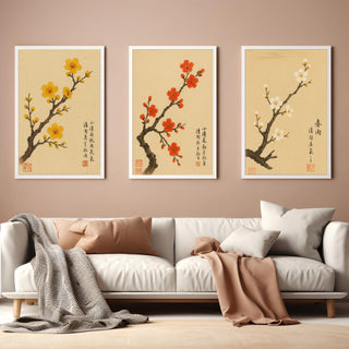Cherry Blossom Wall Art Set of 3 | Vintage Japanese Style Botanical Prints | Minimal Floral Decor on Cream Paper | Free Shipping - Just Great Posters