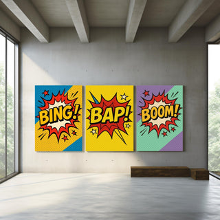Comic Pop Art Poster Set – BING BAP BOOM Triptych Wall Art in Bright Retro Style, Bold Comic Book Decor for Game Rooms, Free Shipping - Just Great Posters