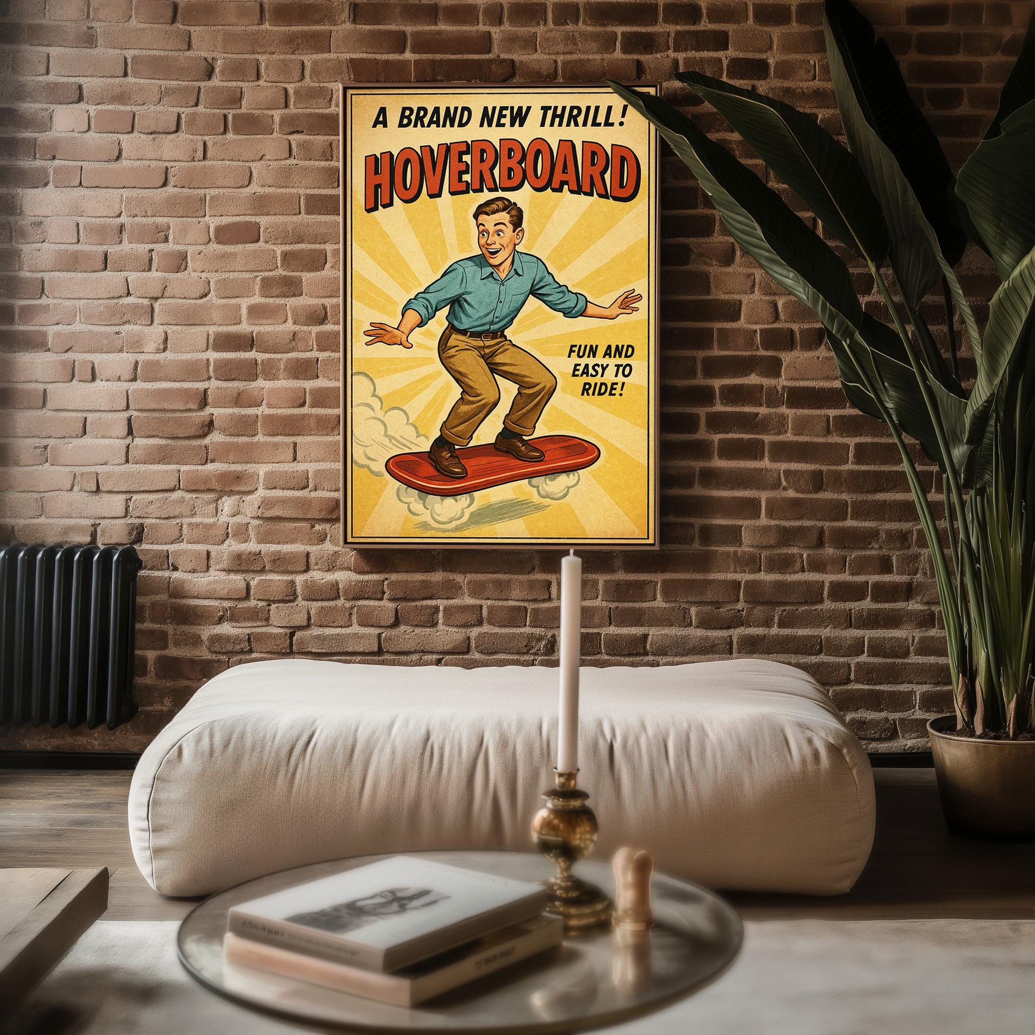 Hoverboard Retro Poster – Vintage Future Ride Wall Art, Funny Sci - Fi Style Hoverboard Ad Print, Midcentury Adventure Poster - Just Great Posters