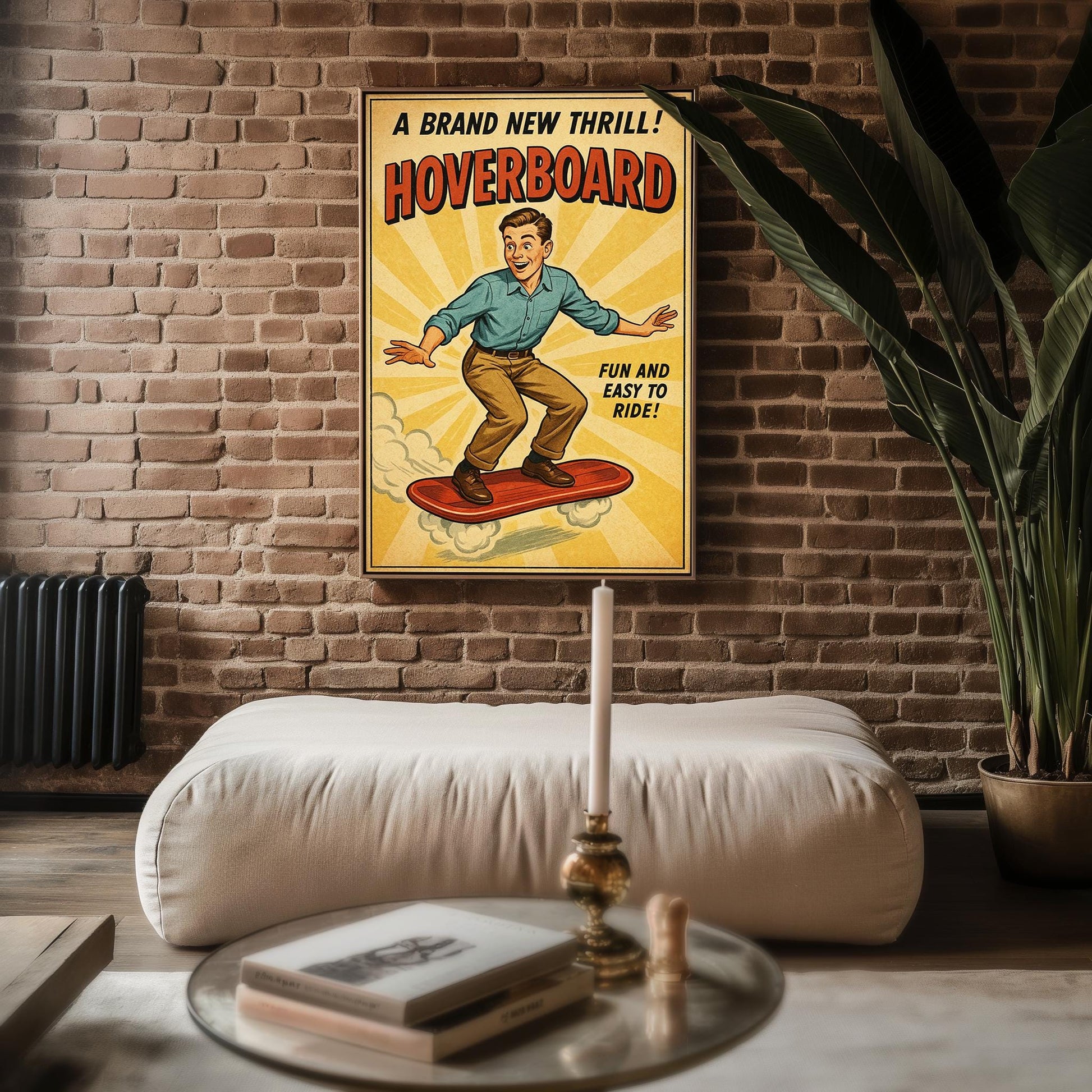 Hoverboard Retro Poster – Vintage Future Ride Wall Art, Funny Sci - Fi Style Hoverboard Ad Print, Midcentury Adventure Poster - Just Great Posters