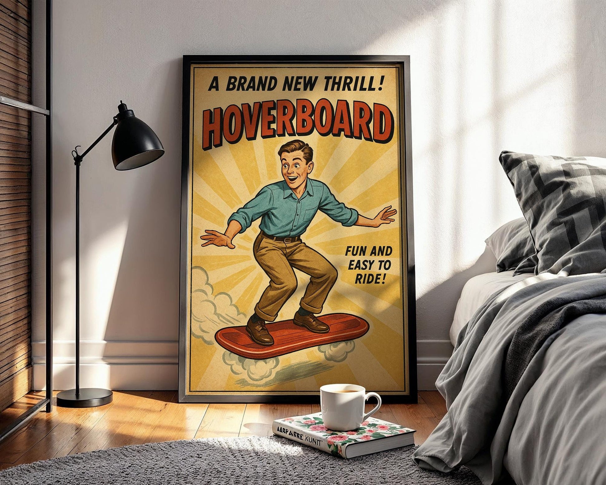 Hoverboard Retro Poster – Vintage Future Ride Wall Art, Funny Sci - Fi Style Hoverboard Ad Print, Midcentury Adventure Poster - Just Great Posters