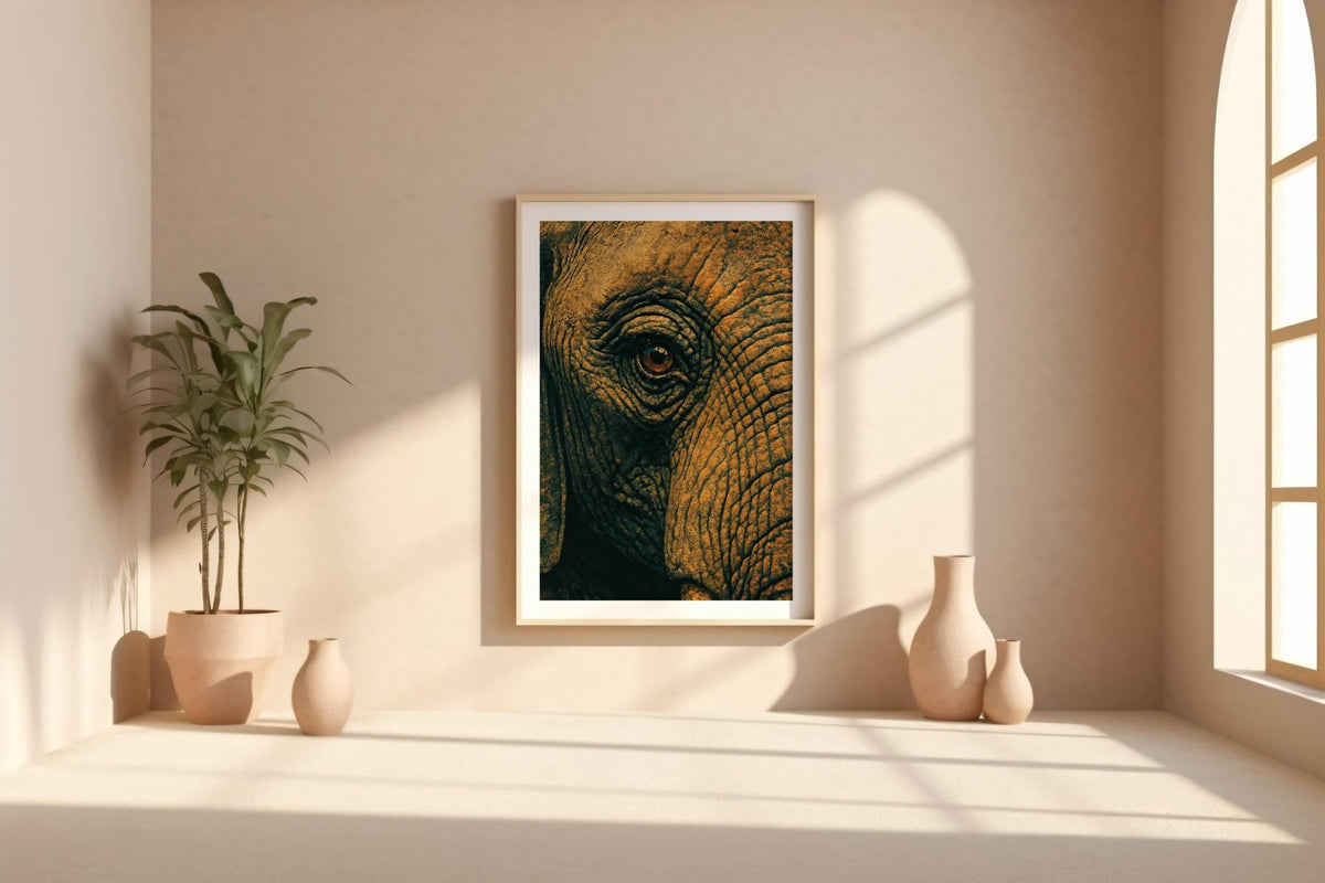 Elephant Eye Close - Up Poster – Vintage Safari Wall Art, Bold Wildlife Photography Style Print for Rustic or Nature - Inspired Decor - Just Great Posters