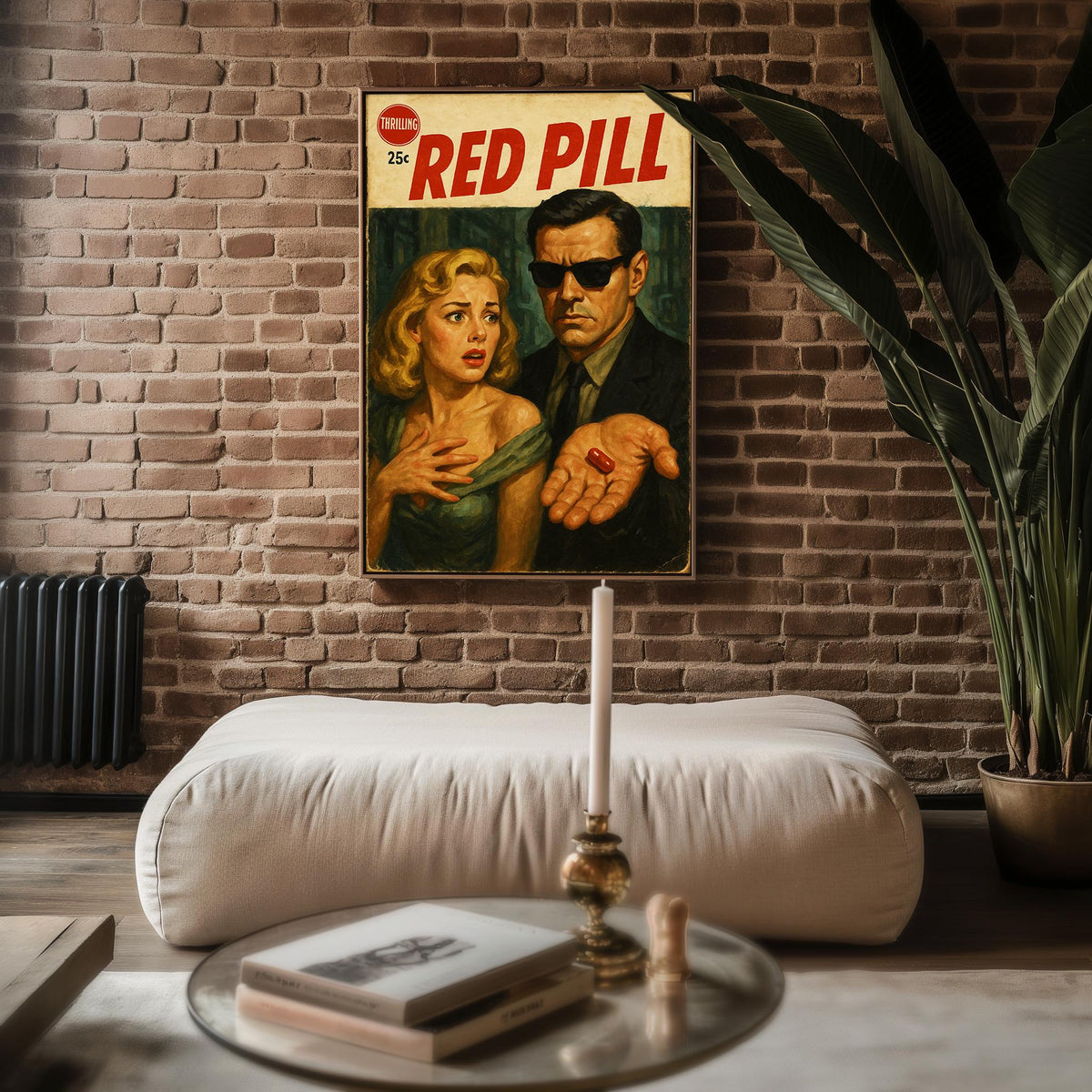 Red Pill Vintage Poster – Retro Pulp Fiction Sci - Fi Wall Art, Dramatic Thriller Book Cover Style Print, 1950s Sci - Fi Noir Decor - Just Great Posters