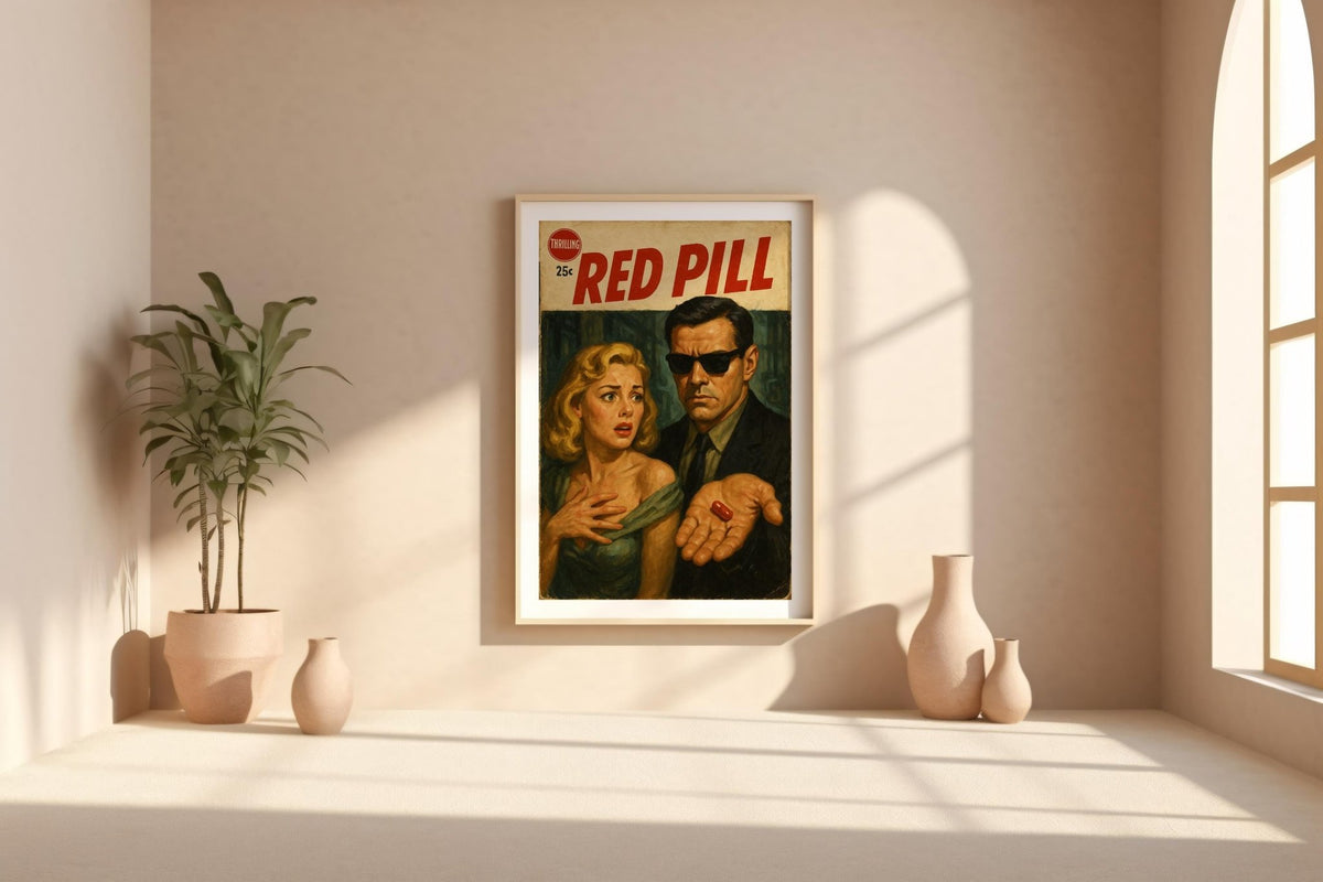 Red Pill Vintage Poster – Retro Pulp Fiction Sci - Fi Wall Art, Dramatic Thriller Book Cover Style Print, 1950s Sci - Fi Noir Decor - Just Great Posters