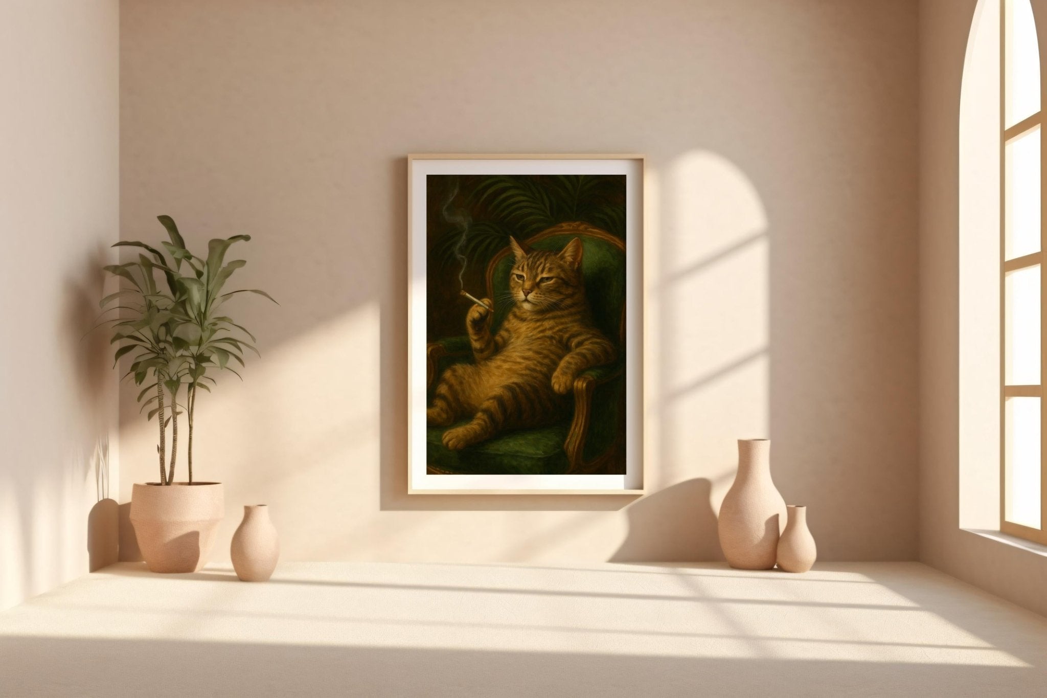 Smoking Cat in Armchair Poster – Retro Lounge Cool Cat Wall Art, Funny Vintage Feline Print for Bar, Office, or Laid - Back Decor - Just Great Posters