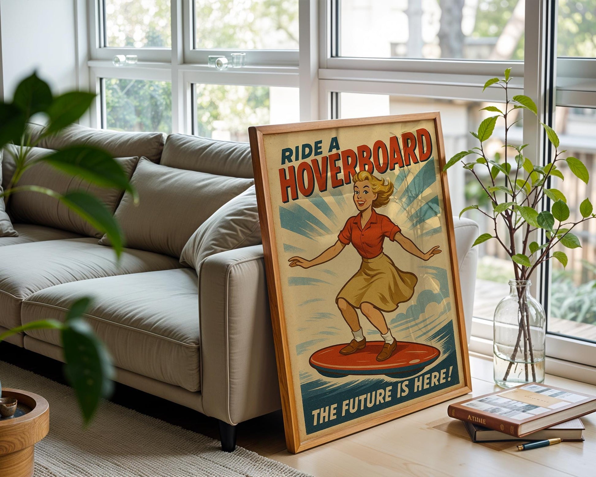 Hoverboard Girl Retro Poster – Vintage Future Ride Wall Art, Fun Sci - Fi Hoverboard Ad Print, Midcentury Adventure and Tech Decor - Just Great Posters