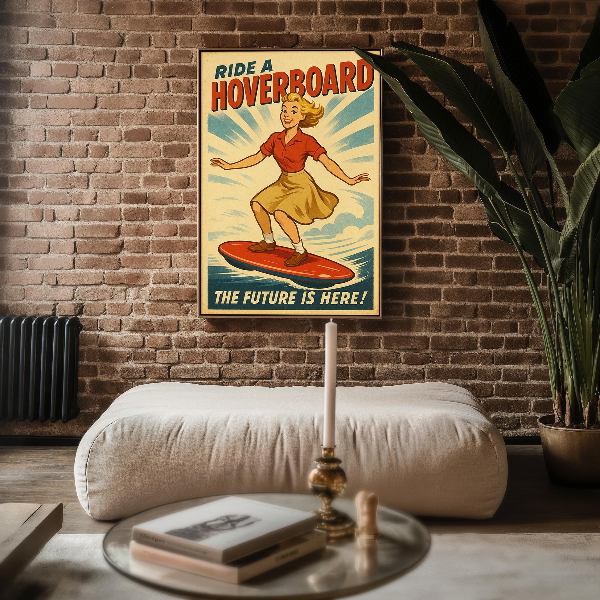 Hoverboard Girl Retro Poster – Vintage Future Ride Wall Art, Fun Sci - Fi Hoverboard Ad Print, Midcentury Adventure and Tech Decor - Just Great Posters