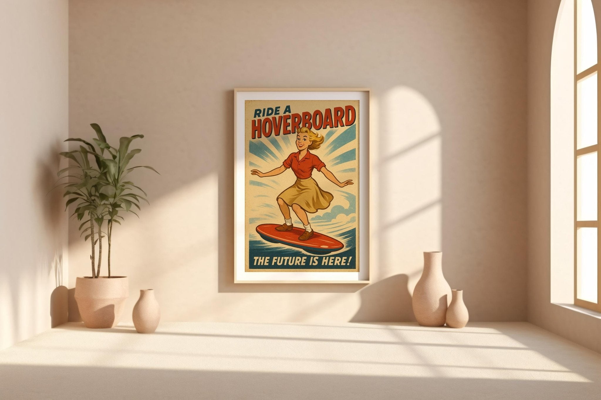 Hoverboard Girl Retro Poster – Vintage Future Ride Wall Art, Fun Sci - Fi Hoverboard Ad Print, Midcentury Adventure and Tech Decor - Just Great Posters