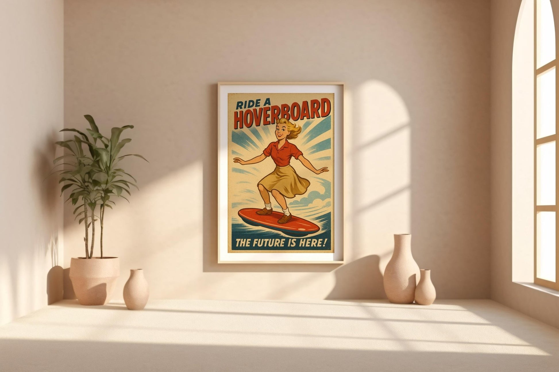 Hoverboard Girl Retro Poster – Vintage Future Ride Wall Art, Fun Sci - Fi Hoverboard Ad Print, Midcentury Adventure and Tech Decor - Just Great Posters