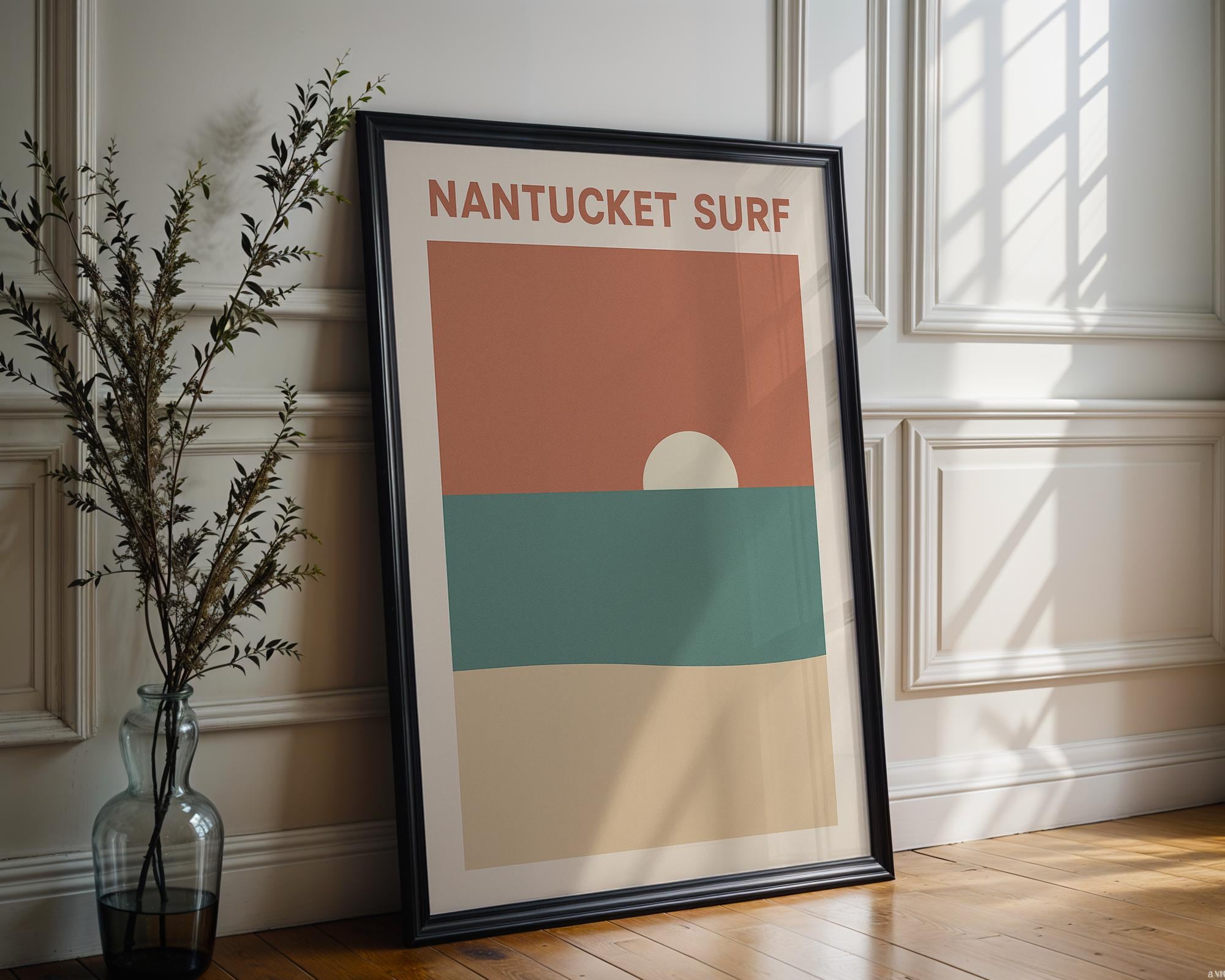 Nantucket Surf Poster – Minimalist Beach Sunset Wall Art, Retro Coastal Travel Print, Ocean Wave Decor for Beach House or Cottage - Just Great Posters