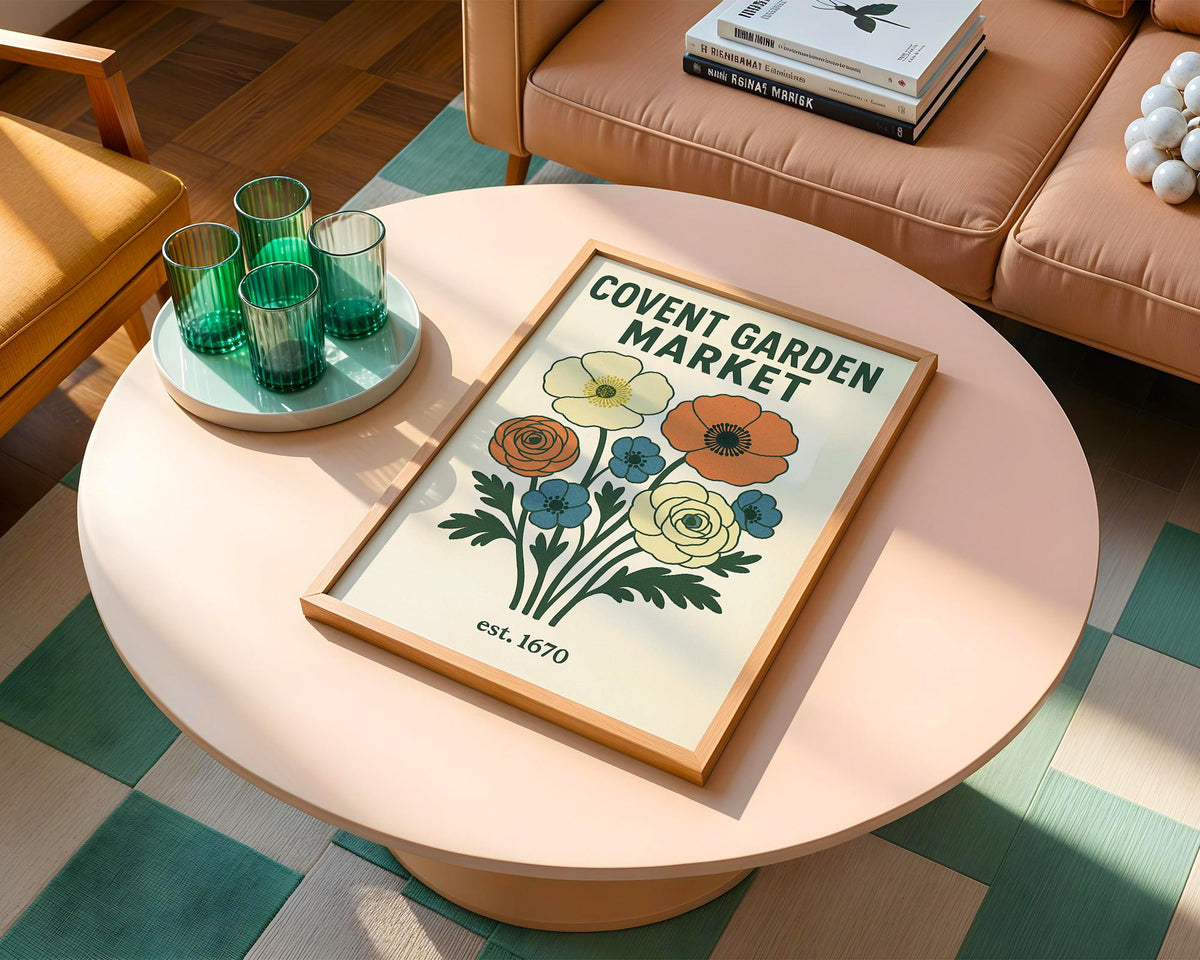 Covent Garden Market Poster – Vintage Floral Wall Art with Bold Retro Flowers, London Travel Print for Kitchen, Gallery Wall or Entryway - Just Great Posters