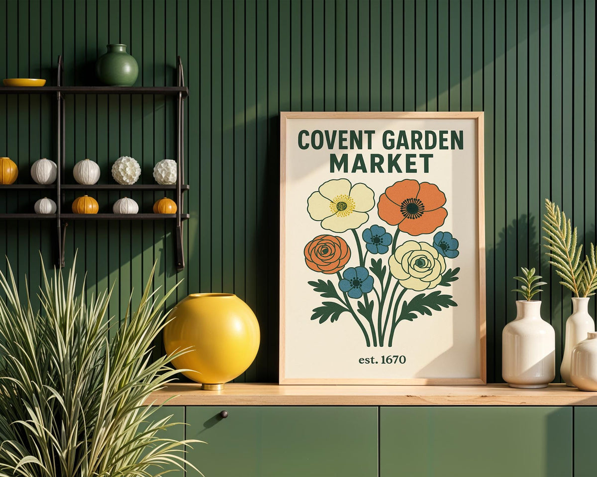 Covent Garden Market Poster – Vintage Floral Wall Art with Bold Retro Flowers, London Travel Print for Kitchen, Gallery Wall or Entryway - Just Great Posters