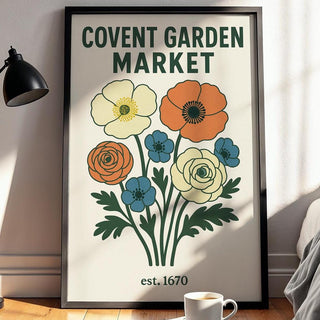 Covent Garden Market Poster – Vintage Floral Wall Art with Bold Retro Flowers, London Travel Print for Kitchen, Gallery Wall or Entryway - Just Great Posters