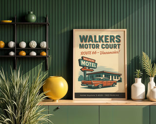 Route 66 Motel Poster – Vintage Walkers Motor Court Wall Art, Retro Road Trip Print, Bold Americana Decor for Garage, Office or Man Cave - Just Great Posters