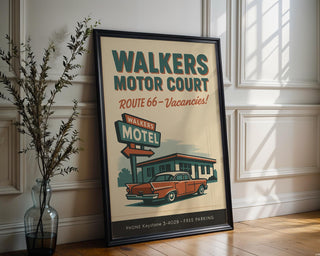 Route 66 Motel Poster – Vintage Walkers Motor Court Wall Art, Retro Road Trip Print, Bold Americana Decor for Garage, Office or Man Cave - Just Great Posters