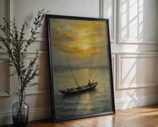 Golden Sunset Fishing Boat Print – Serene Nautical Wall Art, Peaceful Ocean Scene Painting, Coastal Decor for Living Room or Beach House - Just Great Posters