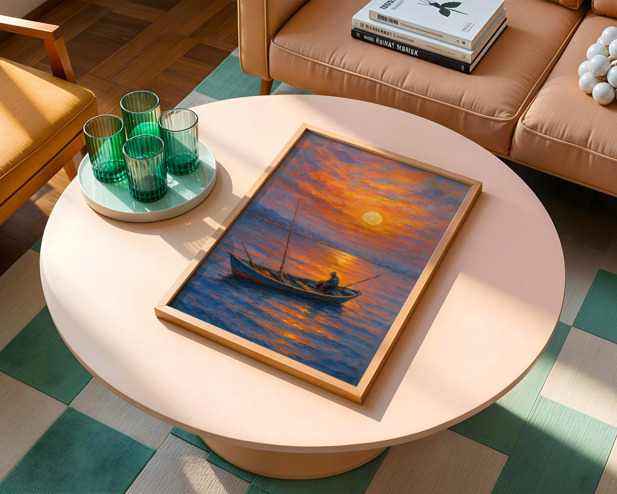Colorful Sunset Boat Painting – Vibrant Fisherman Ocean Wall Art, Impressionist Coastal Decor for Beach Home, Office or Living Room - Just Great Posters