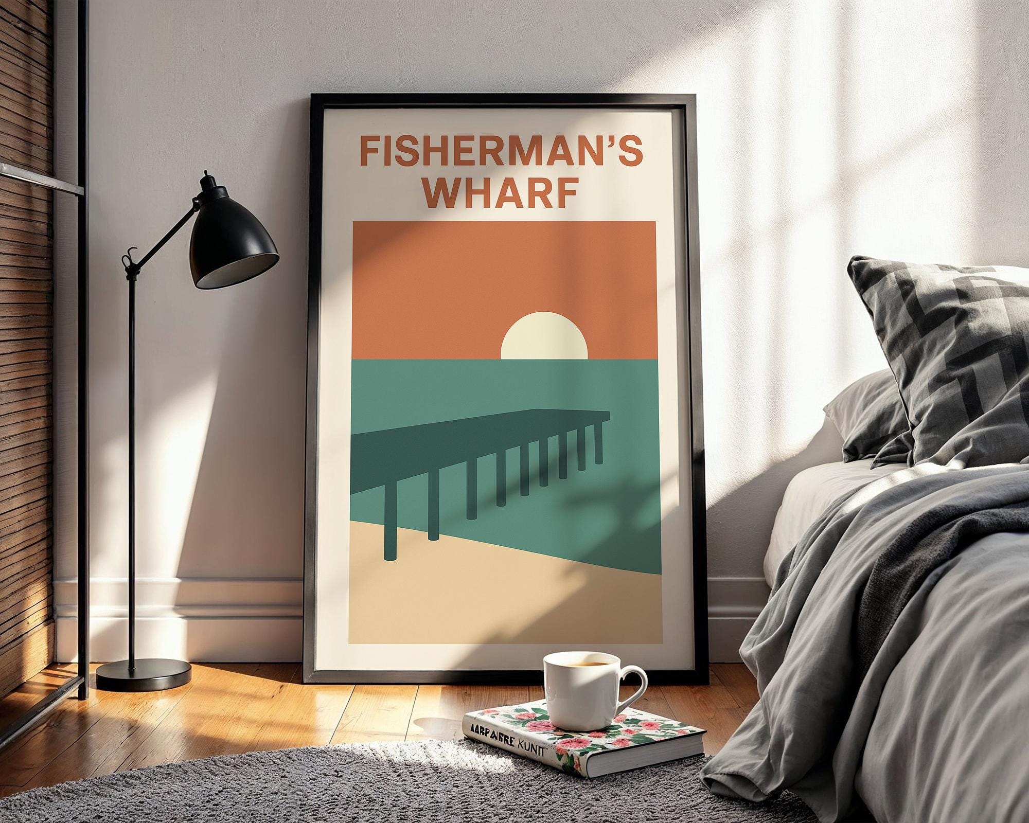 Fisherman’s Wharf Poster – Minimalist Coastal Wall Art with Pier and Sunset, Retro Beach Travel Print for Seaside Home or Nautical Decor - Just Great Posters