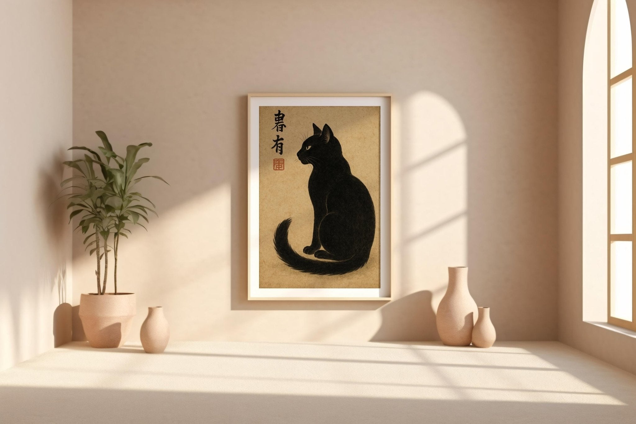 Minimalist Black Cat Japanese Poster – Vintage Ink Style Feline Wall Art, Zen Inspired Cat Print for Calm and Elegant Spaces - Just Great Posters
