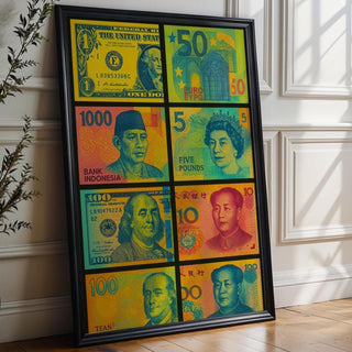 Pop Art Money Poster – Global Currency Collage Print, Colorful Retro Banknote Wall Art, Modern Financial Decor for Offices or Homes - Just Great Posters