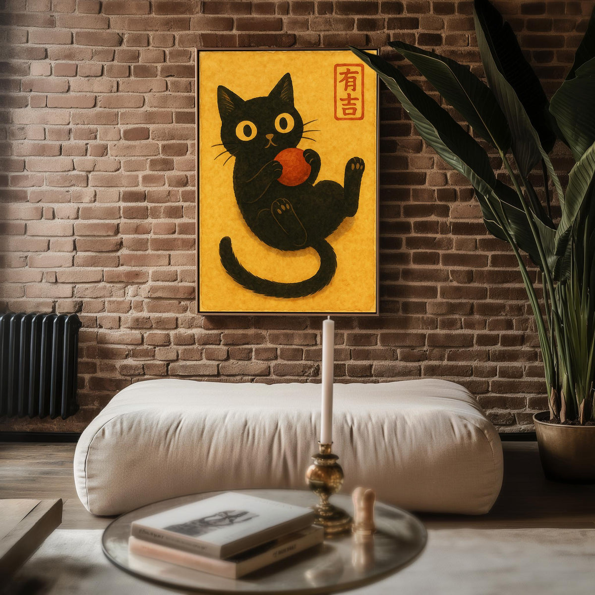 Black Cat Japanese Poster – Kawaii Watercolor Style Cat Wall Art, Cute Feline and Red Ball Print for Cozy Decor - Just Great Posters