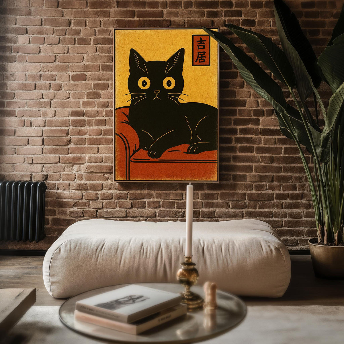 Black Cat Couch Poster – Vintage Japanese Minimalist Style Feline Wall Art, Retro Zen Cat Print for Calm, Cozy, or Cat - Lover Decor - Just Great Posters