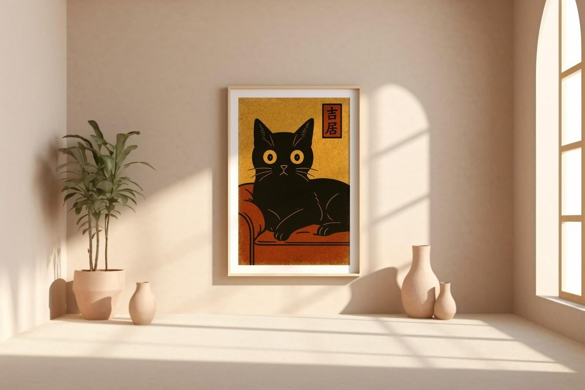 Black Cat Couch Poster – Vintage Japanese Minimalist Style Feline Wall Art, Retro Zen Cat Print for Calm, Cozy, or Cat - Lover Decor - Just Great Posters
