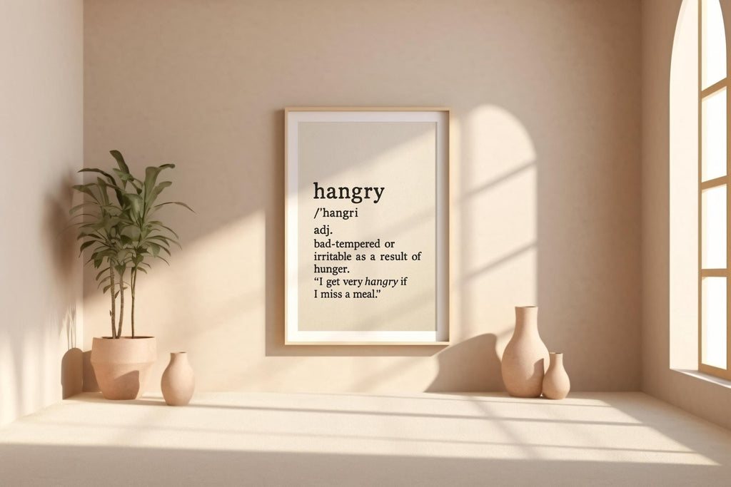 Hangry Definition Wall Art – Funny Kitchen Decor or Gift, Black and White Typography Print for Foodies, Snackers or Office Break Rooms - Just Great Posters