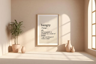 Hangry Definition Wall Art – Funny Kitchen Decor or Gift, Black and White Typography Print for Foodies, Snackers or Office Break Rooms - Just Great Posters