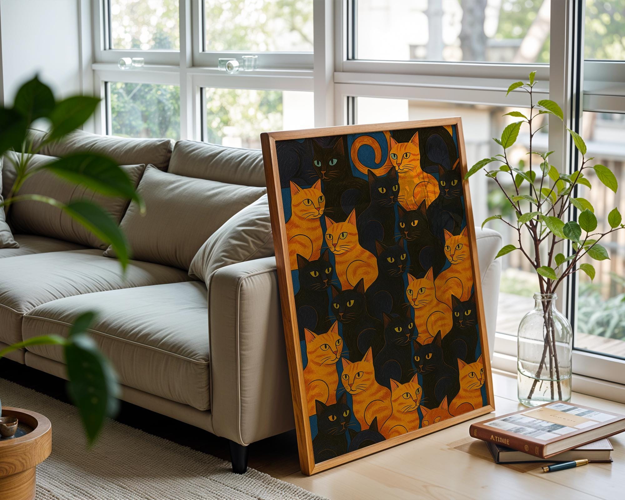 Orange and Black Cats Art Print – Retro Feline Wall Poster for Cat Lovers, Bold Graphic Pattern for Bedroom, Office or Gallery Wall - Just Great Posters