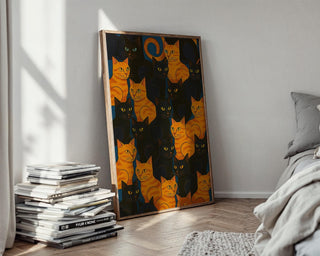Orange and Black Cats Art Print – Retro Feline Wall Poster for Cat Lovers, Bold Graphic Pattern for Bedroom, Office or Gallery Wall - Just Great Posters