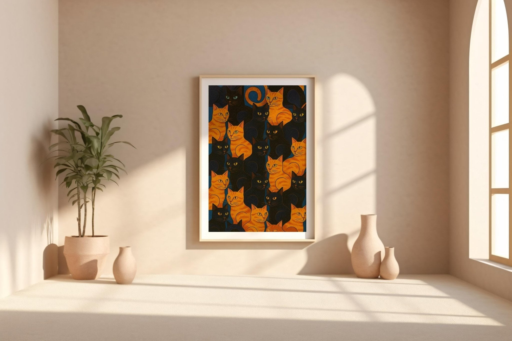 Orange and Black Cats Art Print – Retro Feline Wall Poster for Cat Lovers, Bold Graphic Pattern for Bedroom, Office or Gallery Wall - Just Great Posters