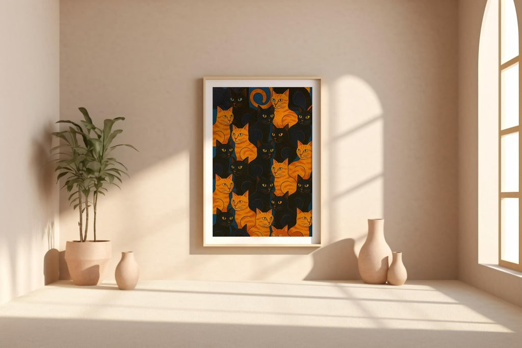Orange and Black Cats Art Print – Retro Feline Wall Poster for Cat Lovers, Bold Graphic Pattern for Bedroom, Office or Gallery Wall - Just Great Posters