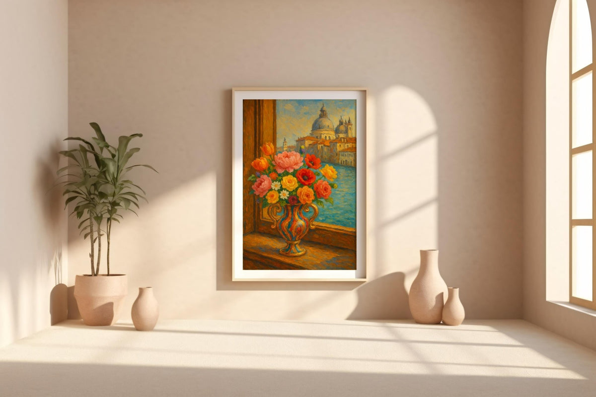 Venetian Flower Vase Art Print – Romantic Italy Window View Poster, Impressionist Floral Wall Art - Just Great Posters