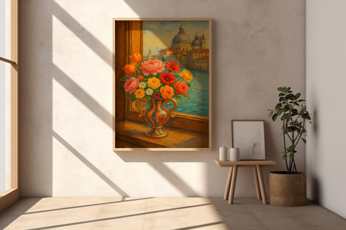 Venetian Flower Vase Art Print – Romantic Italy Window View Poster, Impressionist Floral Wall Art - Just Great Posters