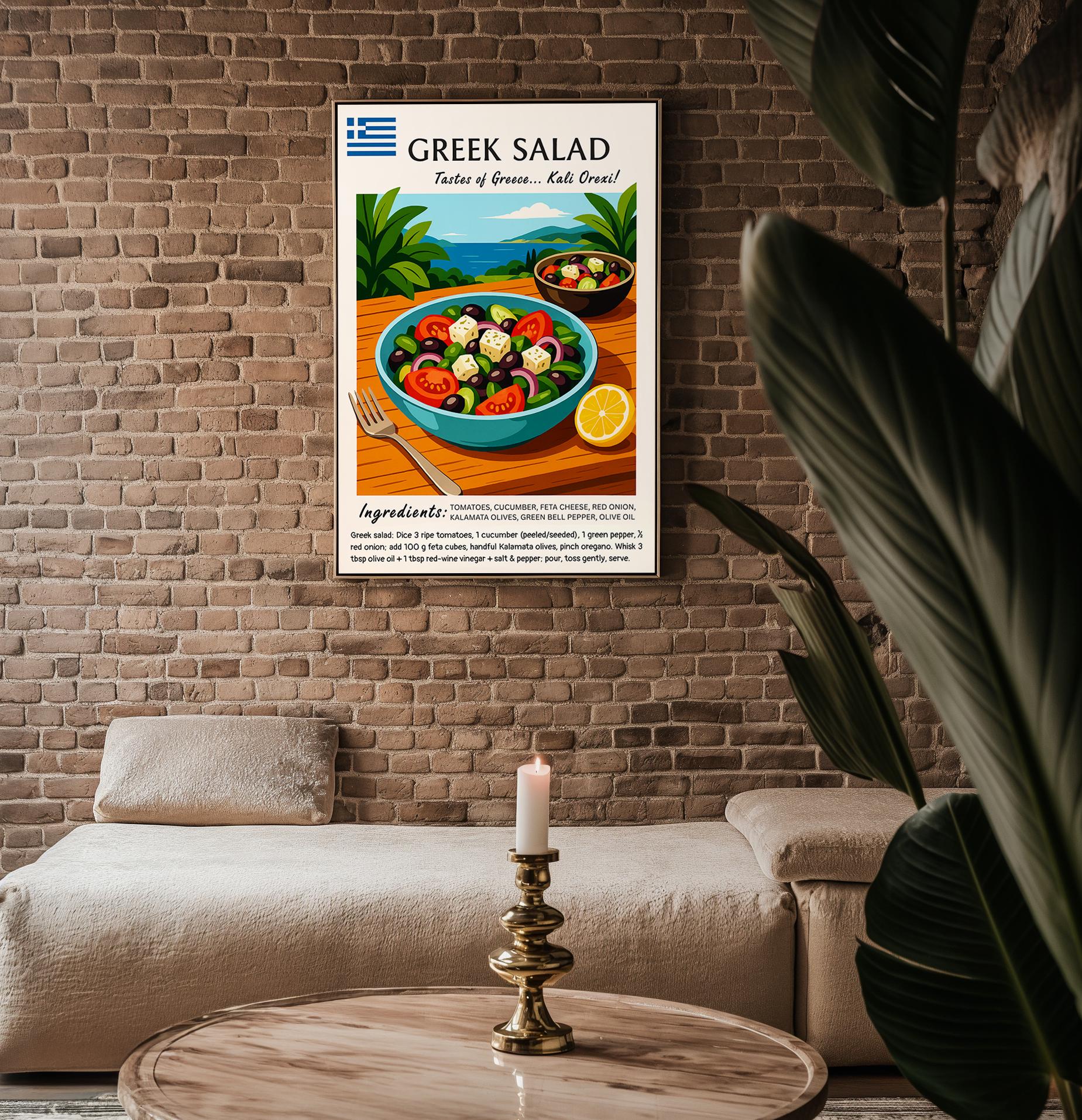 Greek Salad Poster Print – Mediterranean Recipe Wall Art, Colorful Food Illustration for Kitchen or Cafe - Just Great Posters