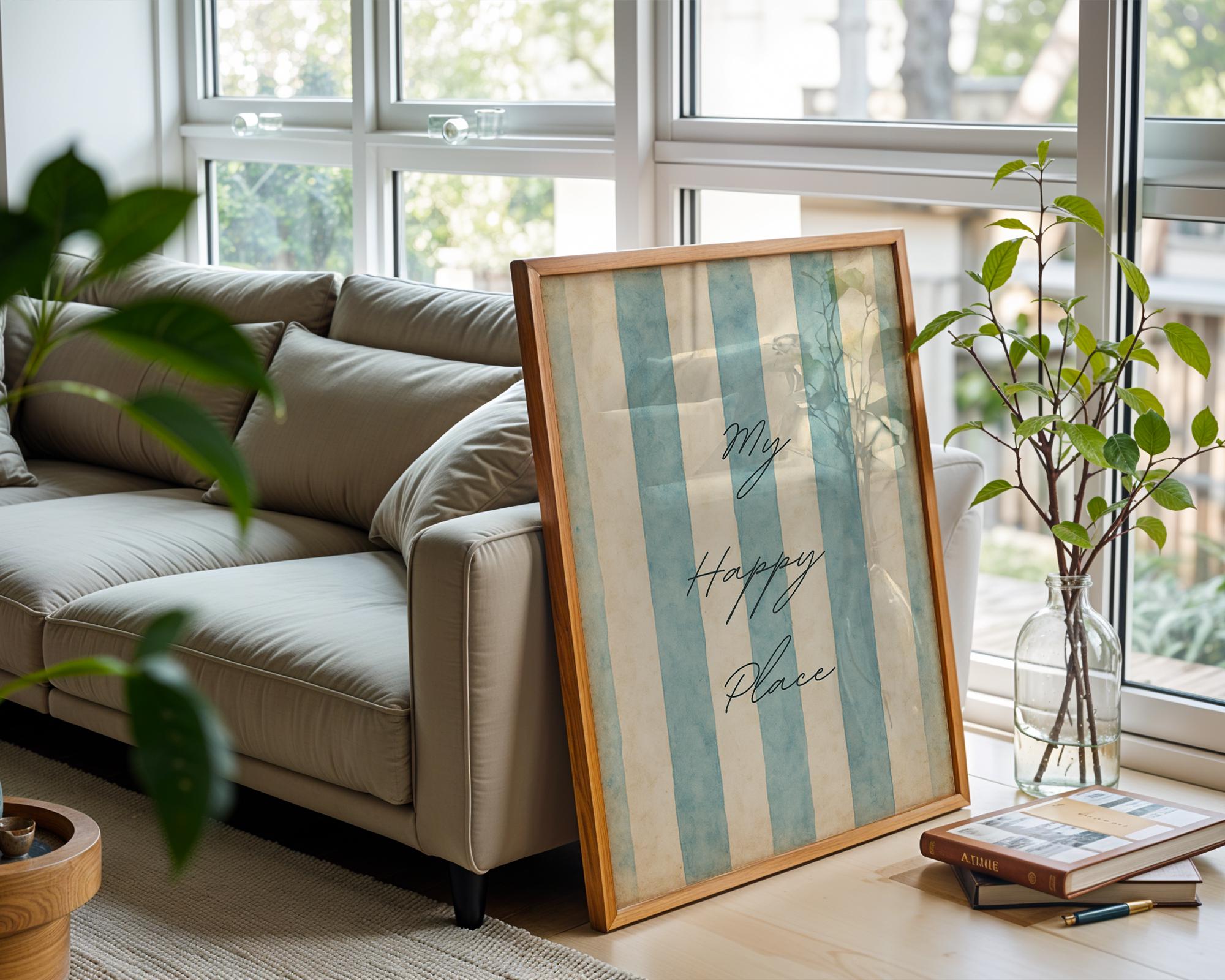 My Happy Place Wall Art – Pastel Blue Striped Typography Poster, Minimal Coastal Decor for Bedroom, Beach House, or Serene Home Vibes - Just Great Posters