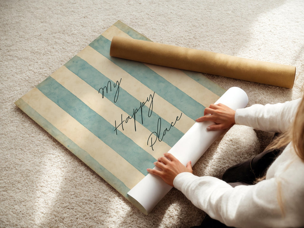 My Happy Place Wall Art – Pastel Blue Striped Typography Poster, Minimal Coastal Decor for Bedroom, Beach House, or Serene Home Vibes - Just Great Posters