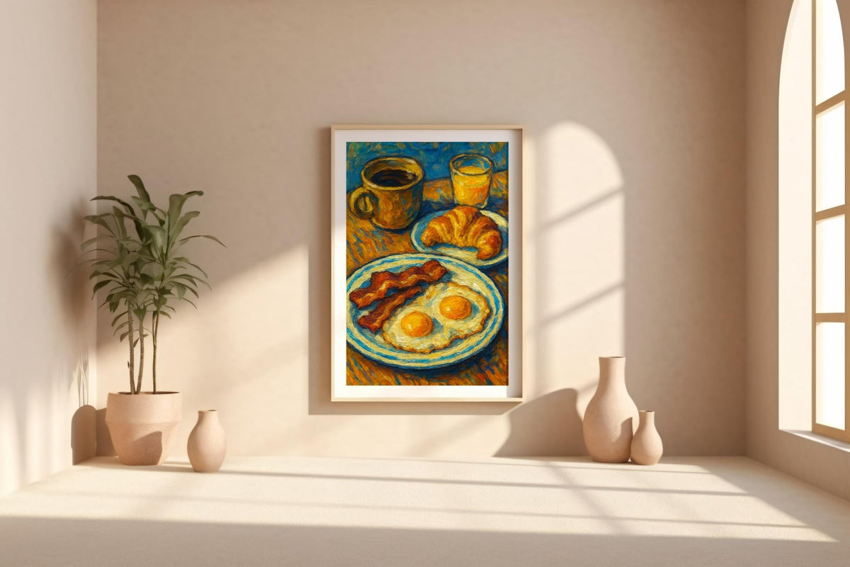 Bold Breakfast Art Print | Bacon Eggs Coffee Croissant Painting in Post - Impressionist Style | Colorful Kitchen Wall Art for Food Lovers - Just Great Posters