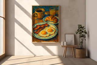 Bold Breakfast Art Print | Bacon Eggs Coffee Croissant Painting in Post - Impressionist Style | Colorful Kitchen Wall Art for Food Lovers - Just Great Posters