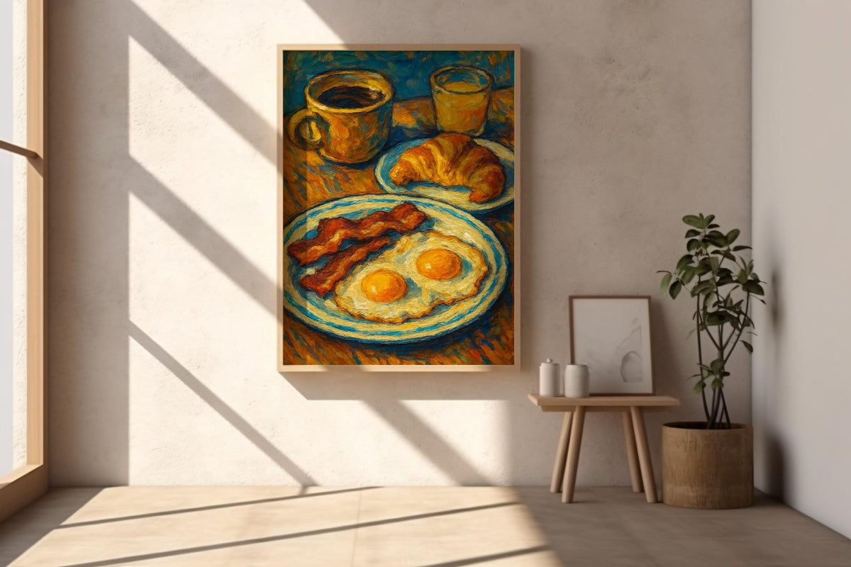 Bold Breakfast Art Print | Bacon Eggs Coffee Croissant Painting in Post - Impressionist Style | Colorful Kitchen Wall Art for Food Lovers - Just Great Posters