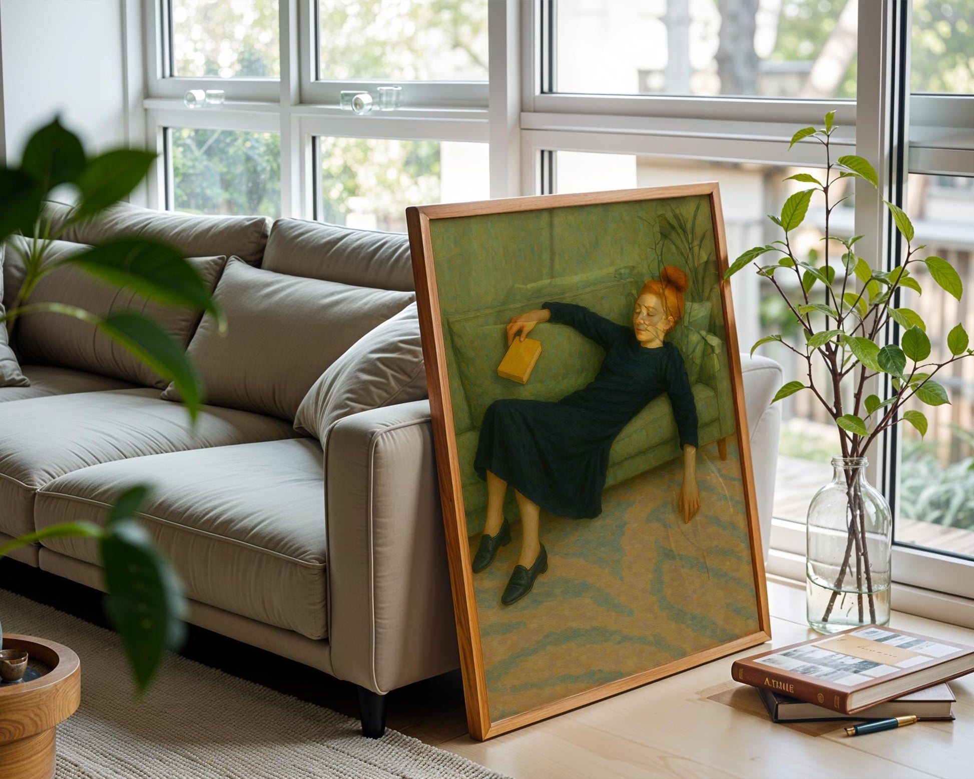 Sleeping Girl on Sofa Art Print | Soft Modern Figurative Painting with Book | Cozy Minimalist Wall Art for Reading Lovers & Introverts - Just Great Posters