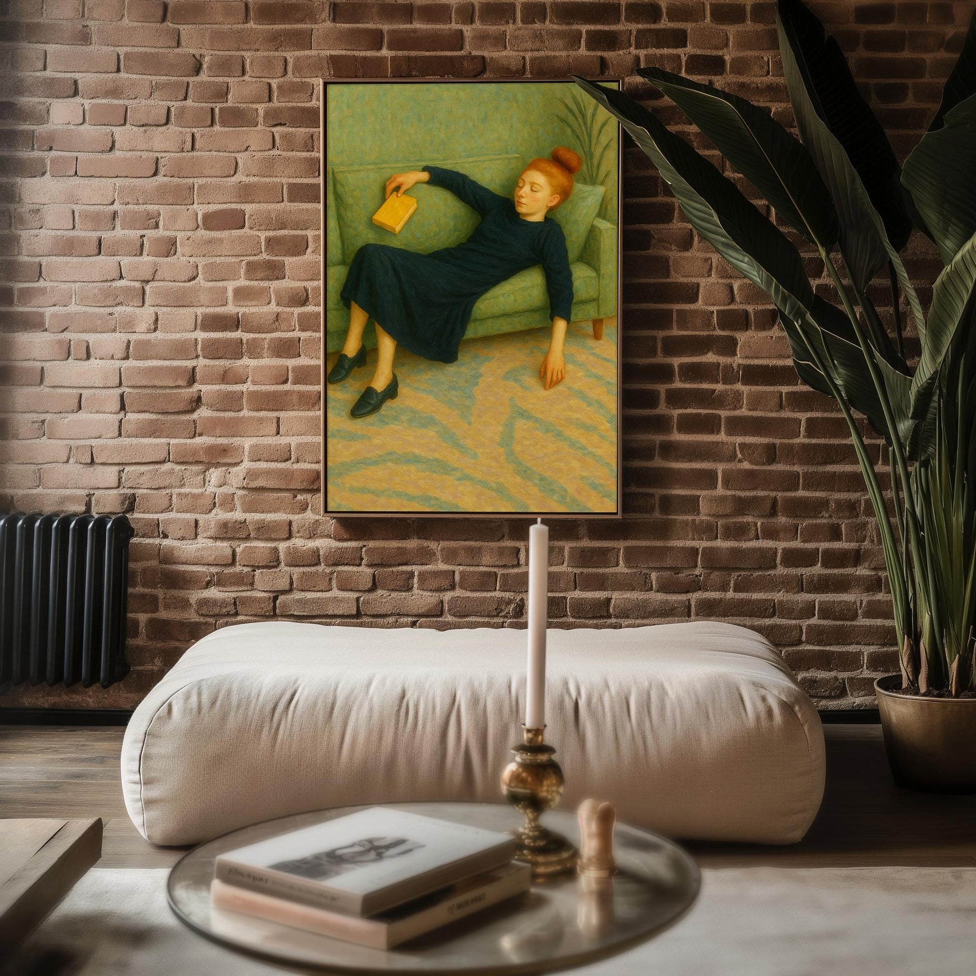 Sleeping Girl on Sofa Art Print | Soft Modern Figurative Painting with Book | Cozy Minimalist Wall Art for Reading Lovers & Introverts - Just Great Posters