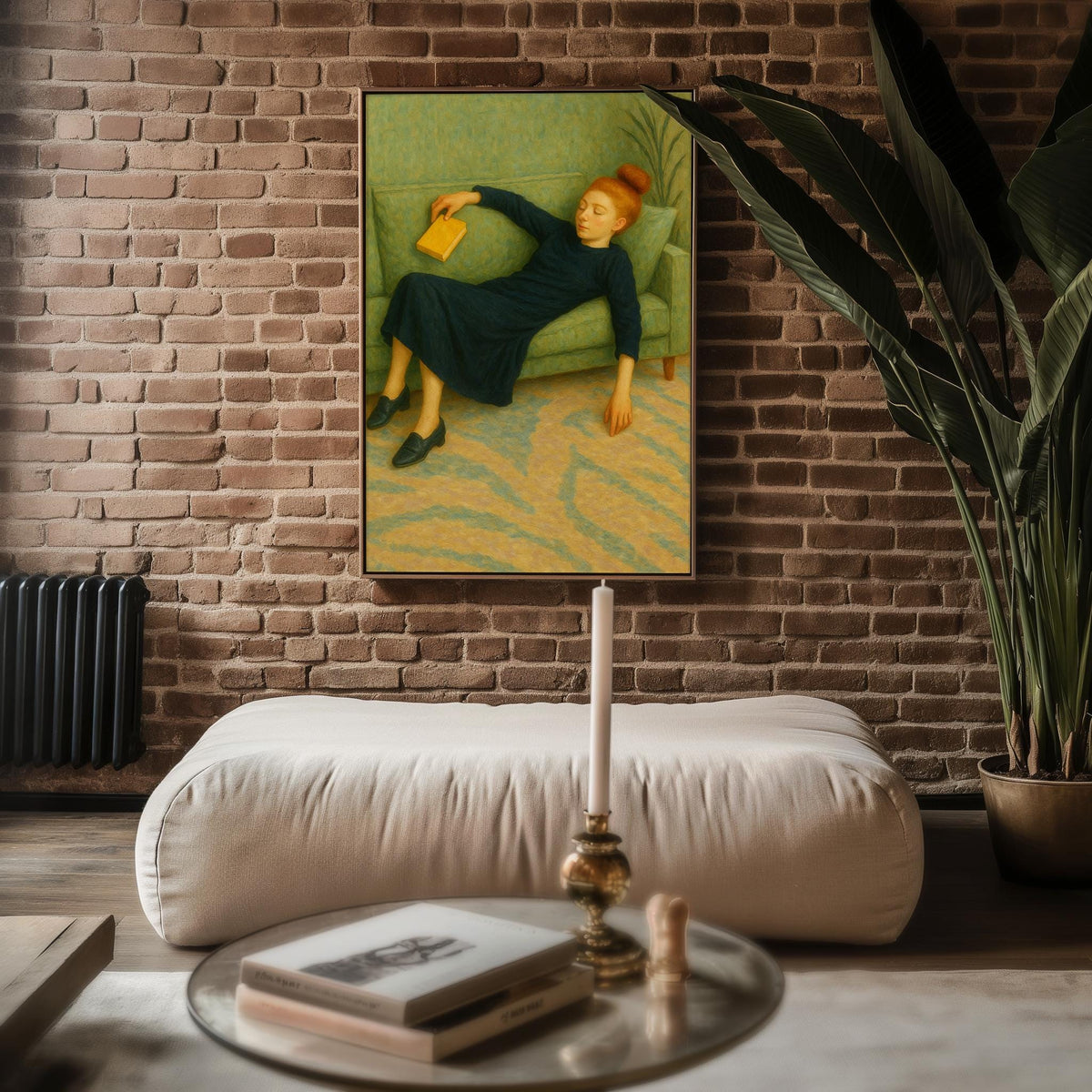 Sleeping Girl on Sofa Art Print | Soft Modern Figurative Painting with Book | Cozy Minimalist Wall Art for Reading Lovers & Introverts - Just Great Posters