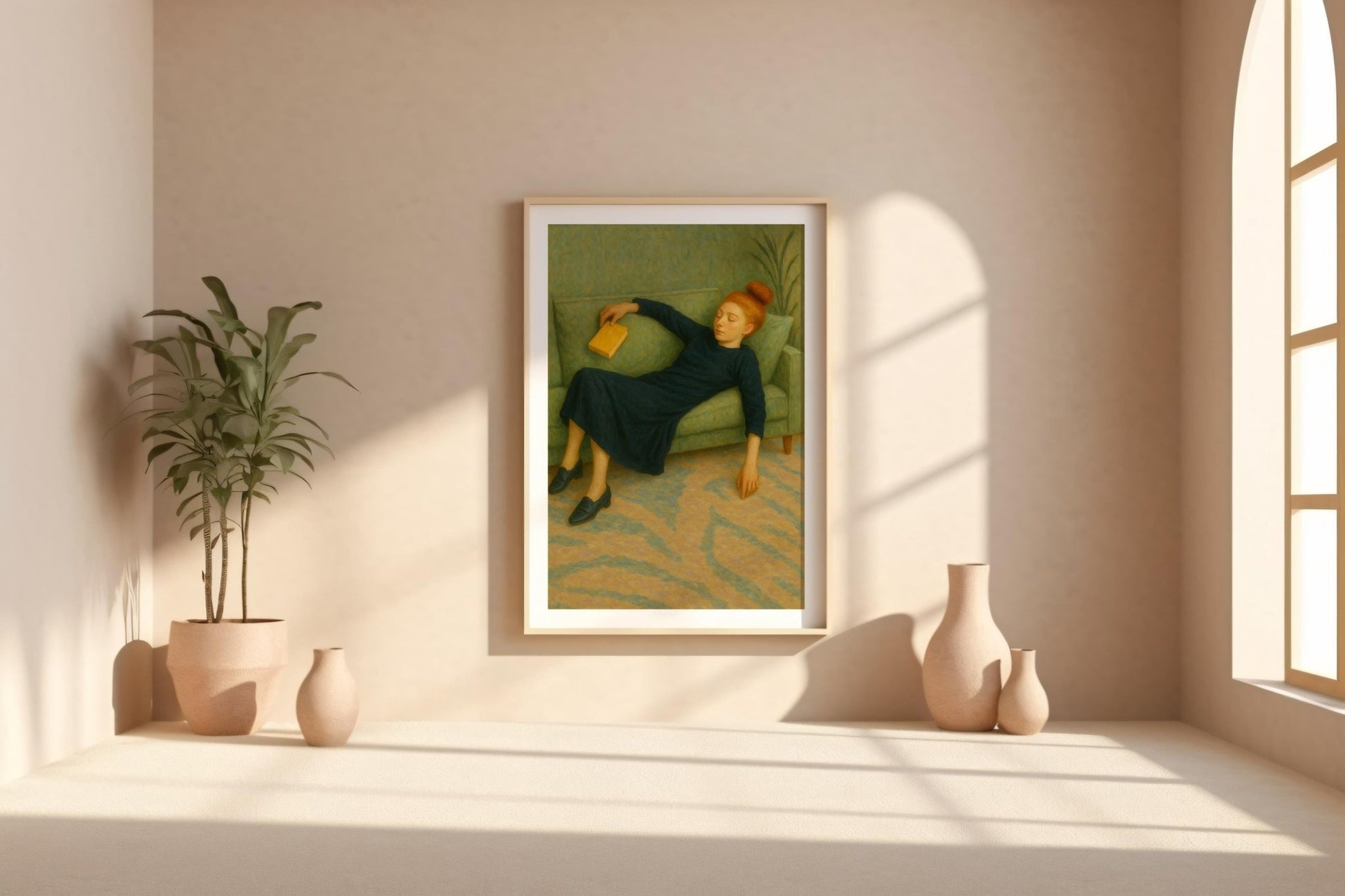 Sleeping Girl on Sofa Art Print | Soft Modern Figurative Painting with Book | Cozy Minimalist Wall Art for Reading Lovers & Introverts - Just Great Posters