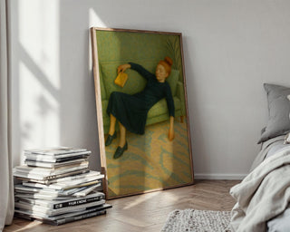 Sleeping Girl on Sofa Art Print | Soft Modern Figurative Painting with Book | Cozy Minimalist Wall Art for Reading Lovers & Introverts - Just Great Posters