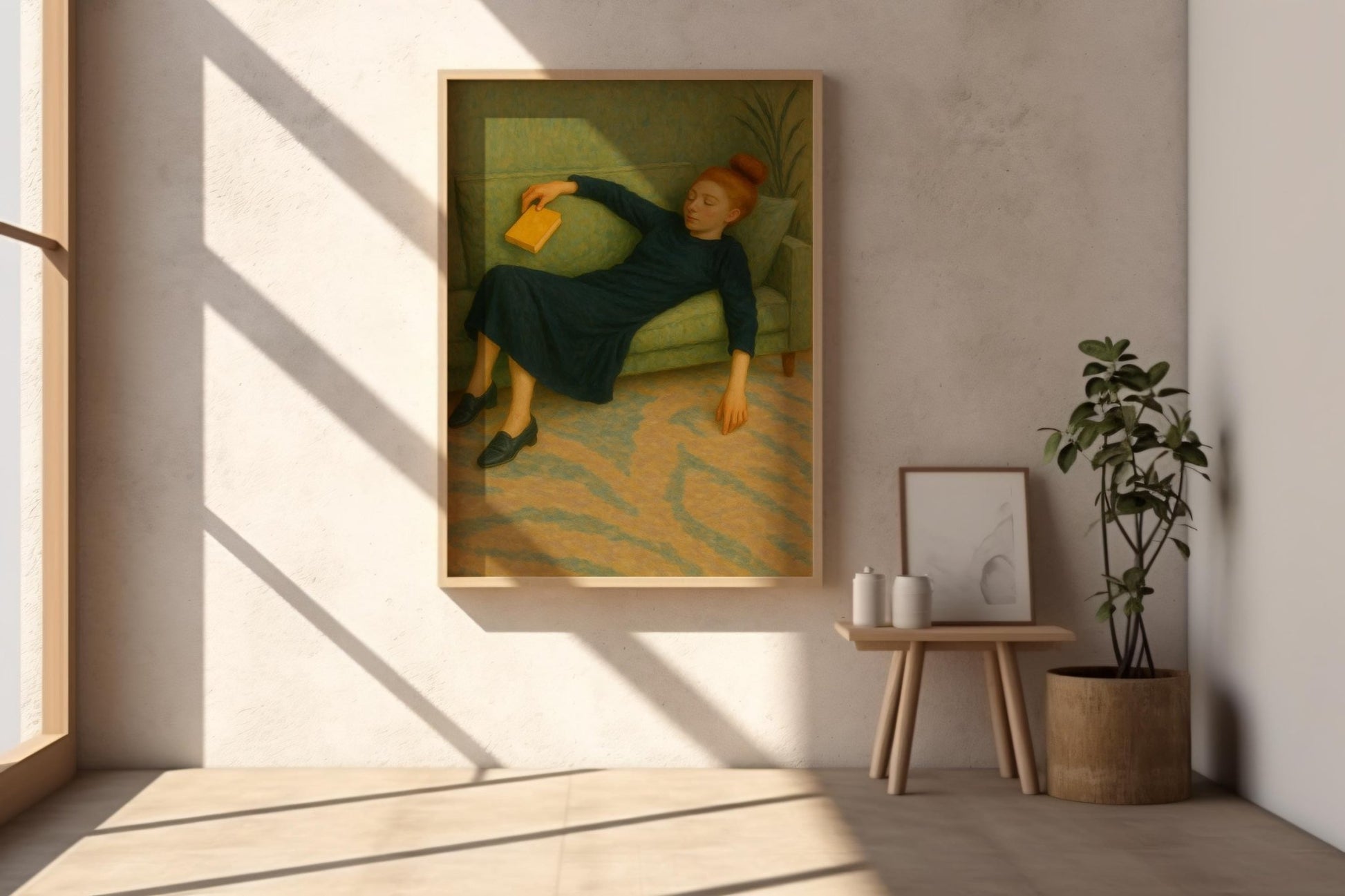 Sleeping Girl on Sofa Art Print | Soft Modern Figurative Painting with Book | Cozy Minimalist Wall Art for Reading Lovers & Introverts - Just Great Posters